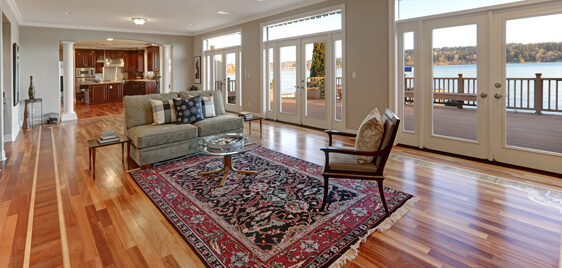 Red and navy blue patterned area rug with hardwood floor and view of water