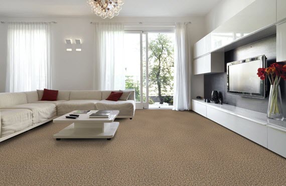 Tan patterned carpet with white couch and walls