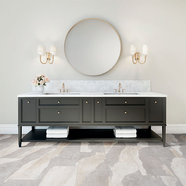 vinyl tile flooring in bathroom with black vanity